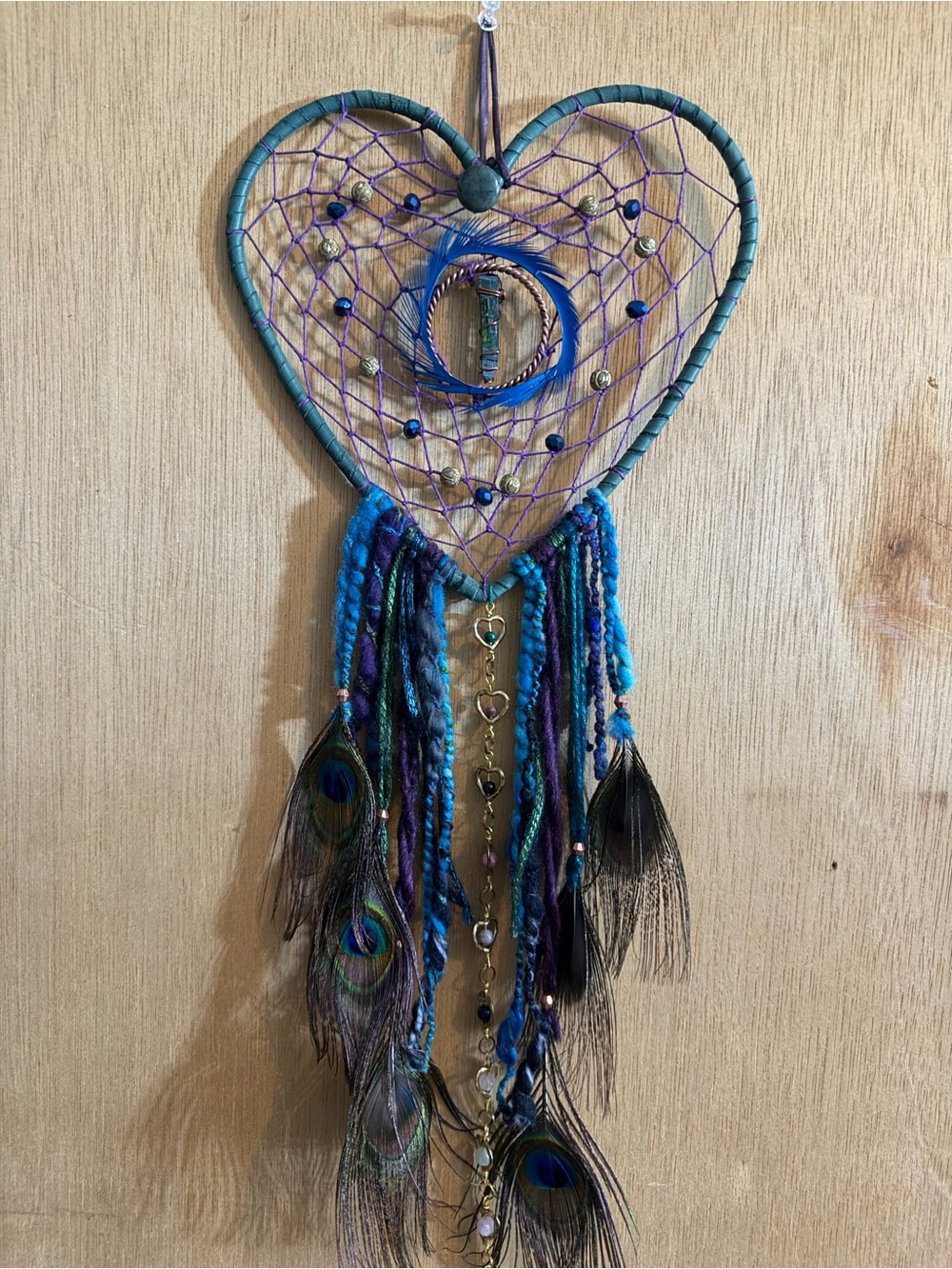 Hand Crafted Teal & Purple Heart Dreamcatcher Wall Hanging